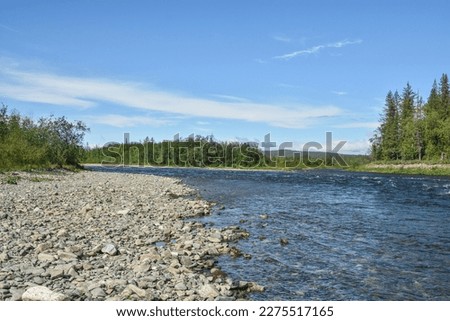 In summer on the river of the Polar Urals. Summer water landscape of the northern river.