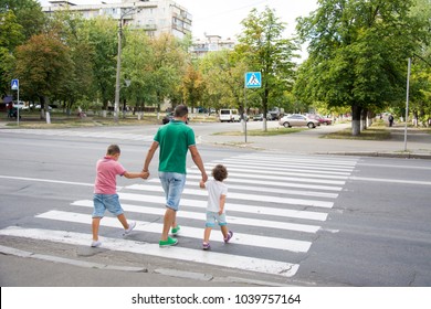 In the summer on the street at the pedestrian crossing father and son and daughter cross the road. Dad holds little hands with his hands.