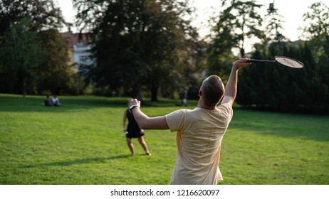 Summer Outdoor Badminton At Park With Firends