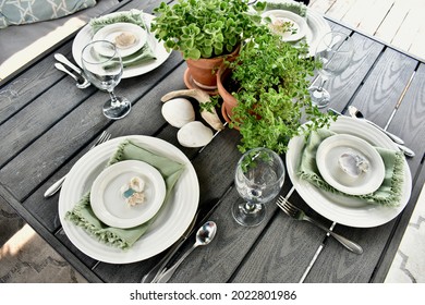 Summer Outdoor Table Setting For Comfortable Patio Dinner Party In Backyard Or Restaurant Cafe