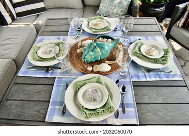 Summer Outdoor Table Setting For Comfortable Patio Dinner Party In Backyard Or Restaurant Cafe