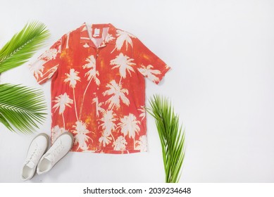 Summer Palm Tree Leaf Shirt With Short Sleeves With Green Palm Leaves, With White Shoes On White Background 