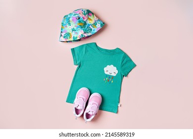 Summer Panama With T-shirt. Baby Clothes And Accessories For Spring  Or Summer. Fashion Kids Outfit. Flat Lay, Top View