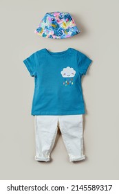 Summer Panama With T-shirt And Trousers. Baby Clothes And Accessories For Spring  Or Summer. Fashion Kids Outfit. Flat Lay, Top View