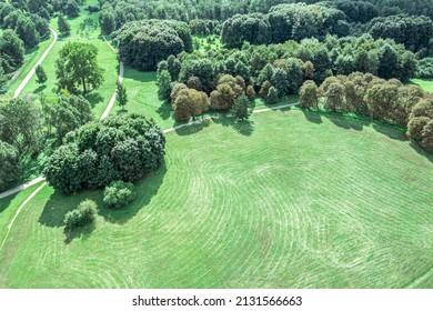 Summer Park Landscape With Green Trees, Lawn And Walking Paths. Aerial Overhead View.