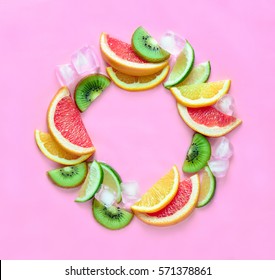 Summer Party Fruit Cocktail Drink Concept, Flat Lay, Top View, Blank Space For A Text