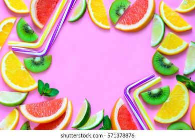 Summer Party Fruit Cocktail Drink Concept, Flat Lay, Top View, Blank Space For A Text