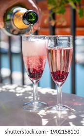 Summer Party With Sparkling Rose Champagne Wine And Sail Boats Haven Of Port Grimaud On Background, Var, Provence, France