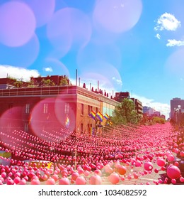 Summer Party Street In Gay Neighborhood Decorated With Pink Balls, With Bokeh Light Effect. Annual Installation In Gay Village On Ste-Catherine Street, Montreal (Quebec, Canada).