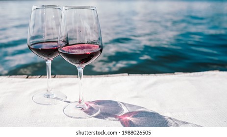 Summer Party, Wine In Glasses Or Sparkling Champagne, Summer Drinks, Relaxing By The Water