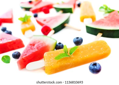 Summer Patterm - Watermelon Slice Popsicle, Fruit  Ice-cream And Berries On White Background. Flat Lay, Top View.
