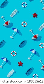 Summer Pattern Made With Beach Chair, Life Saver Float, Sun Umbrellas And Boats On Vibrant Blue Background. Creative Vacation Texture Concept. Trendy Minimal Sea Flat Lay Composition.	