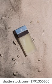 Summer Perfume Concept, Fragrance Flacon On Sand