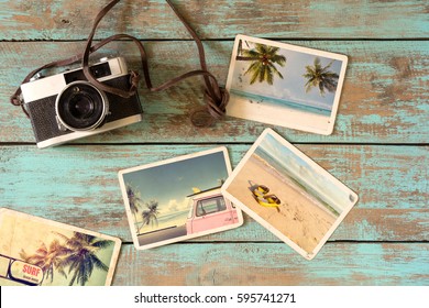 Summer Photo Album Of Journey In Summer Surfing Beach Trip On Wood Table. Instant Photo Of Vintage Film Camera - Vintage And Retro Style