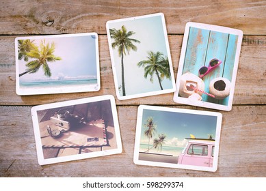 Summer Photo Album On Wood Table. Photography From Beach Vacation - Vintage Postcards And Retro Styles