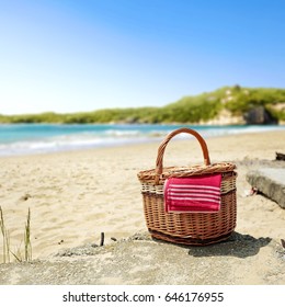 Summer Photo Of Beach With Basket And Picnic Time 