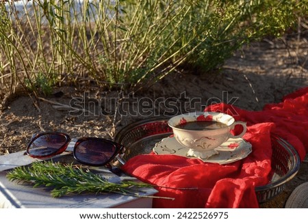 A summer picnic by the sea with a book, a beautiful antique cup, sunglasses, a red runner. Picnic on the background of grass and sea, summer vacation, relaxation
