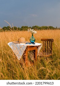 Summer Picnic In A Field With Tall, Yellow Grass. On The Table Is A Notebook, A Vase Of Flowers And A Straw Hat. Light And Romantic Picnic For Two. No People