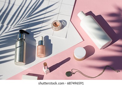 Summer Pink Cosmetics Flat Lay . Top View Beauty Composition
