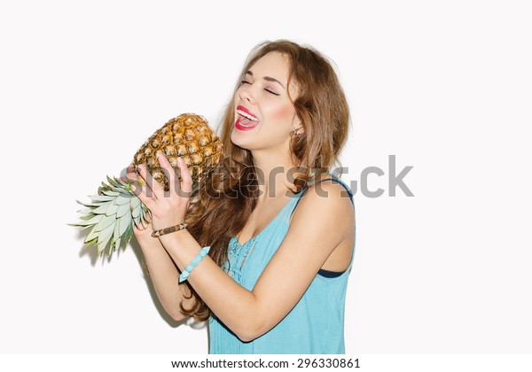 Summer Portrait Beautiful Brunette Girl Pineapple Stock Photo