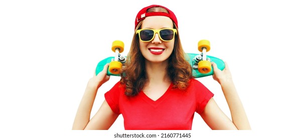 Summer portrait of happy smiling young woman with skateboard wearing red baseball cap isolated on white background - Powered by Shutterstock