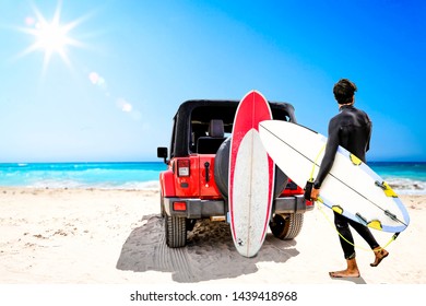 Summer Red Big Car On Sand. Surfer Board. Free Space For Your Decoration. Beach Landscape With Sea. Summer Sunny Day And Blue Sky. Travel Time. 