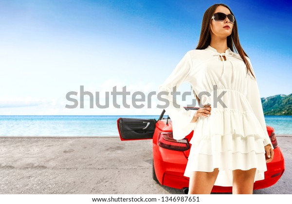 Summer red car and young rich woman. Free\
space for your decoration and sea landscape.\
