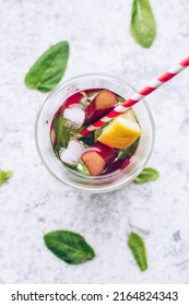 Summer Refreshing Drink With Rhubarb, Lemon And Mint. Rhubarb Lemonade. Pitcher With Fresh Cool Spring Fruit Infused Detox Water. Health Care, Fitness, Healthy Nutrition Diet Concept. Top View.