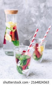 Summer Refreshing Drink With Rhubarb, Lemon And Mint. Rhubarb Lemonade. Pitcher With Fresh Cool Spring Fruit Infused Detox Water. Health Care, Fitness, Healthy Nutrition Diet Concept.