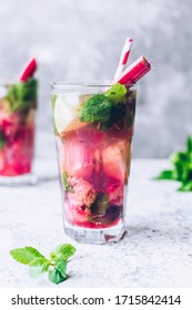 Summer Refreshing Drink With Rhubarb, Lime And Mint. Rhubarb Lemonade. Glass With Fresh Cool Spring Rhubarb Mojito Cocktail.