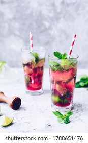 Summer Refreshing Drink With Rhubarb, Lime And Mint. Rhubarb Lemonade. Glass With Fresh Cool Spring Rhubarb Mojito Cocktail.