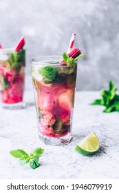 Summer Refreshing Drink With Rhubarb, Lime And Mint. Rhubarb Lemonade. Glass With Fresh Cool Spring Rhubarb Mojito Cocktail.