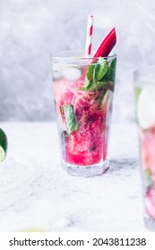 Summer Refreshing Drink With Rhubarb, Lime And Mint. Rhubarb Lemonade. Glass With Fresh Cool Spring Rhubarb Mojito Cocktail.