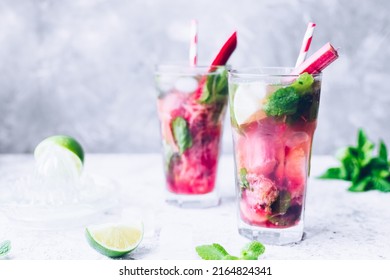 Summer Refreshing Drink With Rhubarb, Lime And Mint. Rhubarb Lemonade. Glass With Fresh Cool Spring Rhubarb Mojito Cocktail.