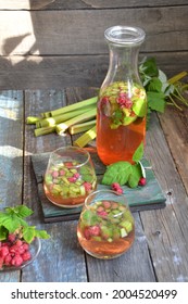 Summer Refreshing Drink With Rhubarb, Raspberries And Mint. Rhubarb Lemonade. A Glass Of Fresh Cool Summer Rhubarb Mojito Cocktail