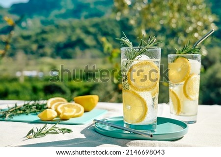 Summer refreshing lemonade drink or alcoholic cocktail with ice, rosemary and lemon slices on the table in the garden. Fresh healthy cold lemon beverage. Water with lemon.
