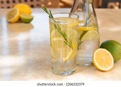 Summer Refreshing Lemonade On Light Table In Cafe, Space For Text