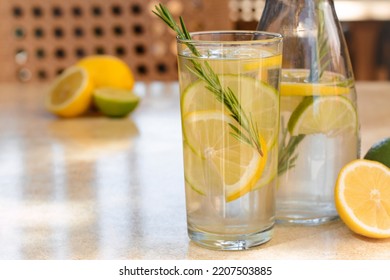 Summer Refreshing Lemonade On Light Table In Cafe, Space For Text