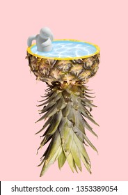 A Summer Resort - Fruity Mood For Holiday. A Juicy Pineapple With A Swimming Pool And Azure Water Inside Against Light Background. A Relaxing Man. Modern Design. Contemporary Art Collage.