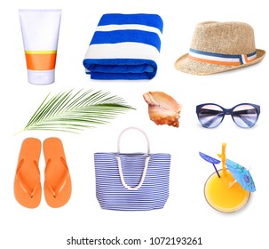 Summer resort objects collage isolated.Beach staff accessories set.Towel,hat,bag. - Shutterstock ID 1072193261