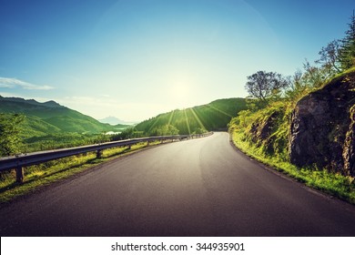 Summer Road In Mountain, Lofoten Islands, Norway