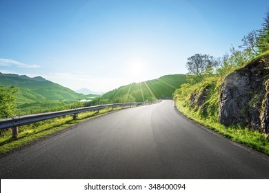 Summer Road In Mountain, Lofoten Islands, Norway