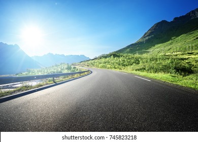 Summer Road In Mountain, Lofoten Islands, Norway