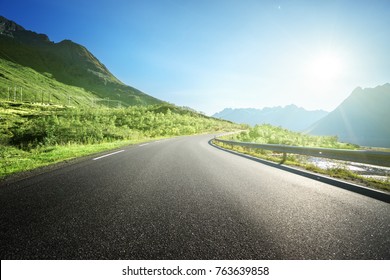 Summer Road In Mountain, Lofoten Islands, Norway