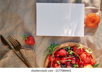 Summer Rustic Stationery Card Mockup With Hard Shadows, Sunlight And Fresh Seasonal Fruits, Berries. Top View, Flat Lay.