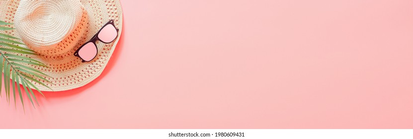 Summer Sale Collection Concept On Pink Background. Web Banner Size.