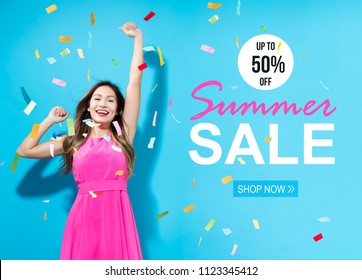 Summer Sale With Happy Woman With Confetti On A Blue Background