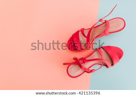 Summer Sandals on pastel backgrounds. Fashion style Minimalism Set. Flat lay, Top view. 