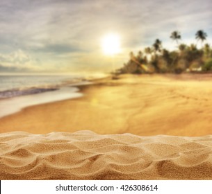 Summer Sandy Beach With Palm Trees, Free Space For Product Placement