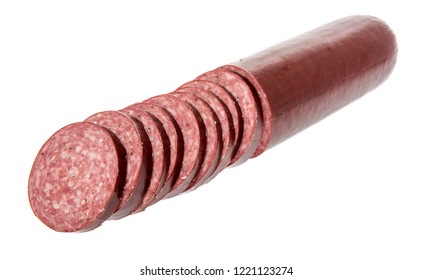 Summer Sausage Sliced On An Isolated Background.